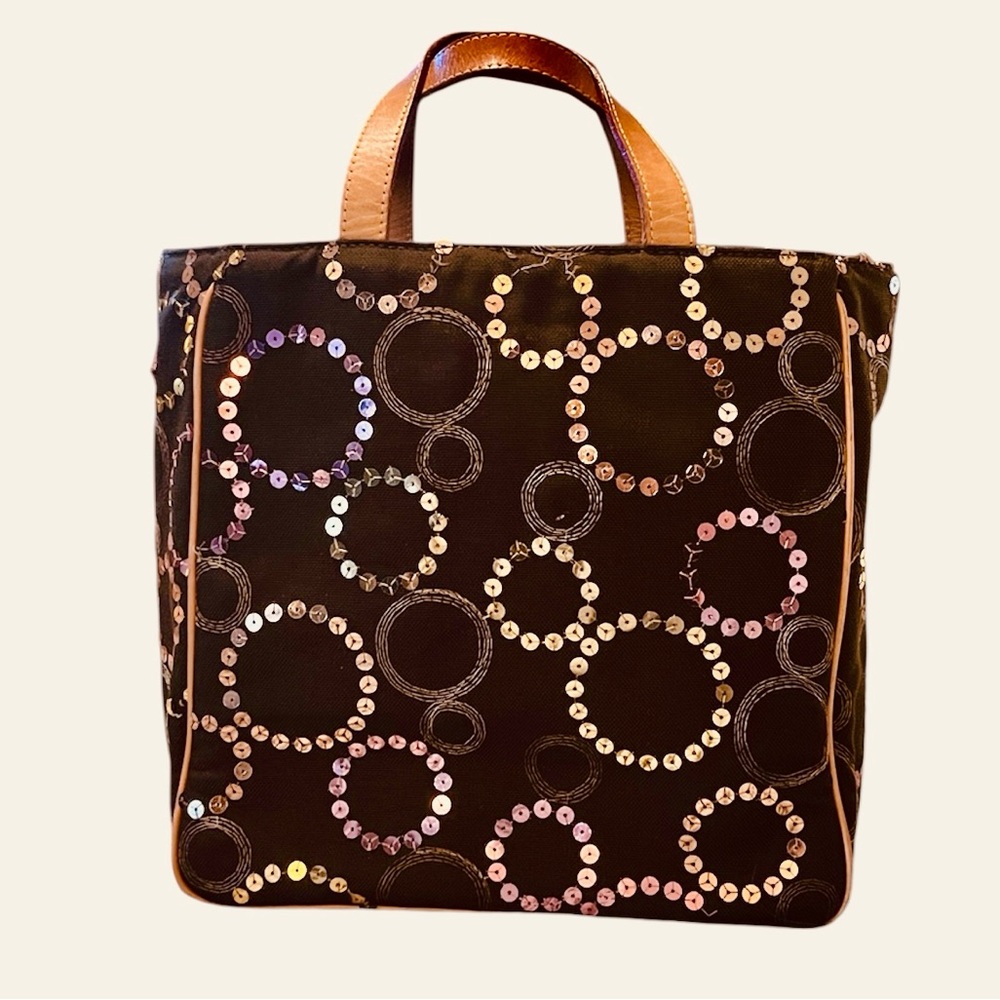 MZ Wallace Brown Neutral Embroidered Sequin Circles Leather Handles Canvas Tote